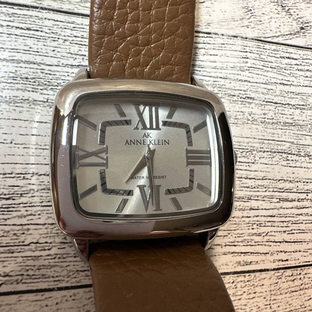 ANNE KLEIN Women's Watch Silver Case Brown Leather Band *Untested*